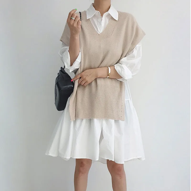 Wenkouban 2000s fashion Spring 2024 Korean Style Drop-Shoulder Lantern Sleeve Stitching Large Skirt Shirt Dress   Knitted Vest