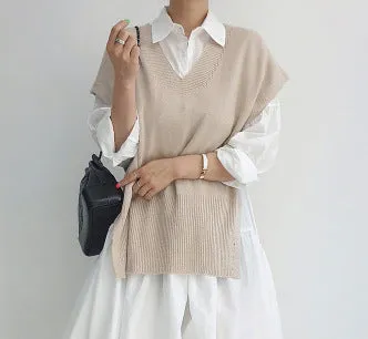 Wenkouban 2000s fashion Spring 2024 Korean Style Drop-Shoulder Lantern Sleeve Stitching Large Skirt Shirt Dress   Knitted Vest