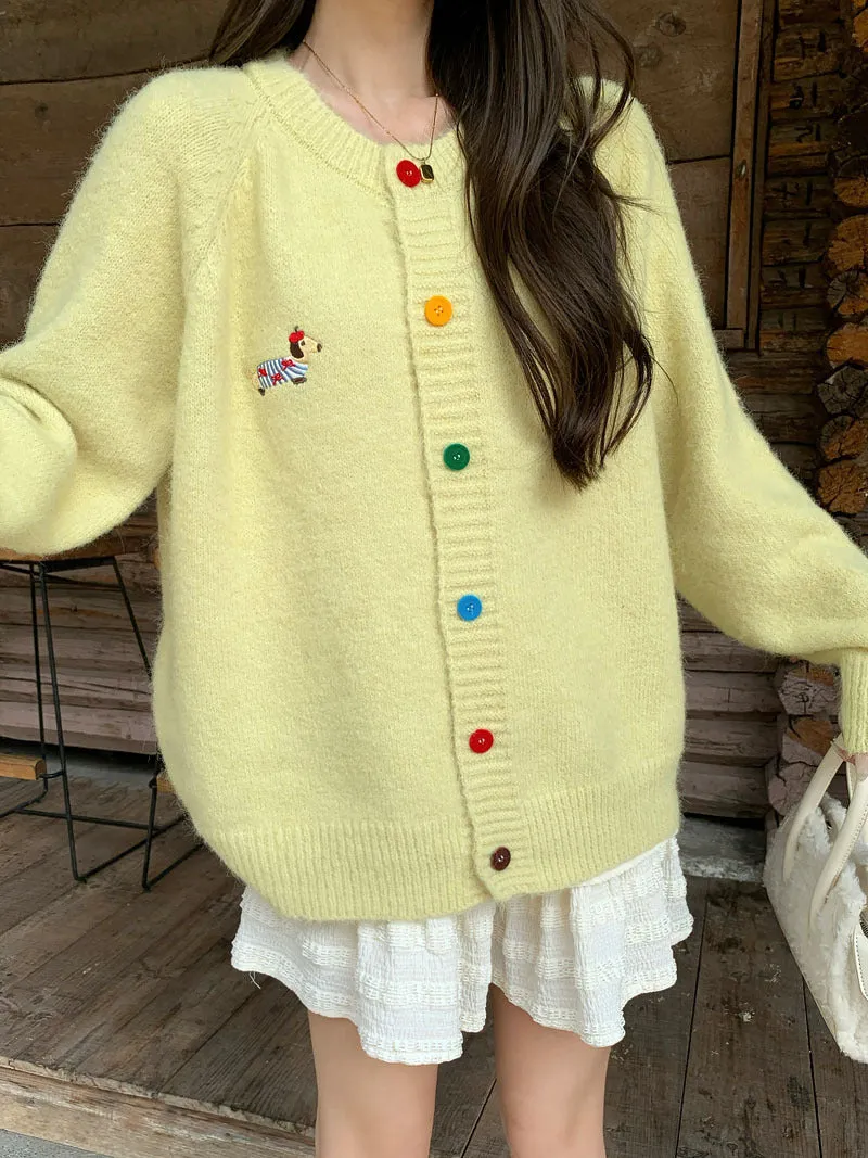 Wenkouban Fall street style Korean Style Top Sweet Colorful Buckle Puppy Embroidered Long-Sleeved Sweater Cardigan Women's 2024 Autumn