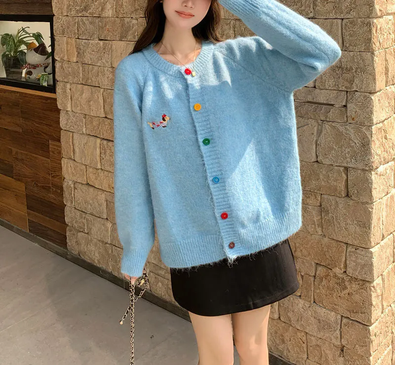 Wenkouban Fall street style Korean Style Top Sweet Colorful Buckle Puppy Embroidered Long-Sleeved Sweater Cardigan Women's 2024 Autumn