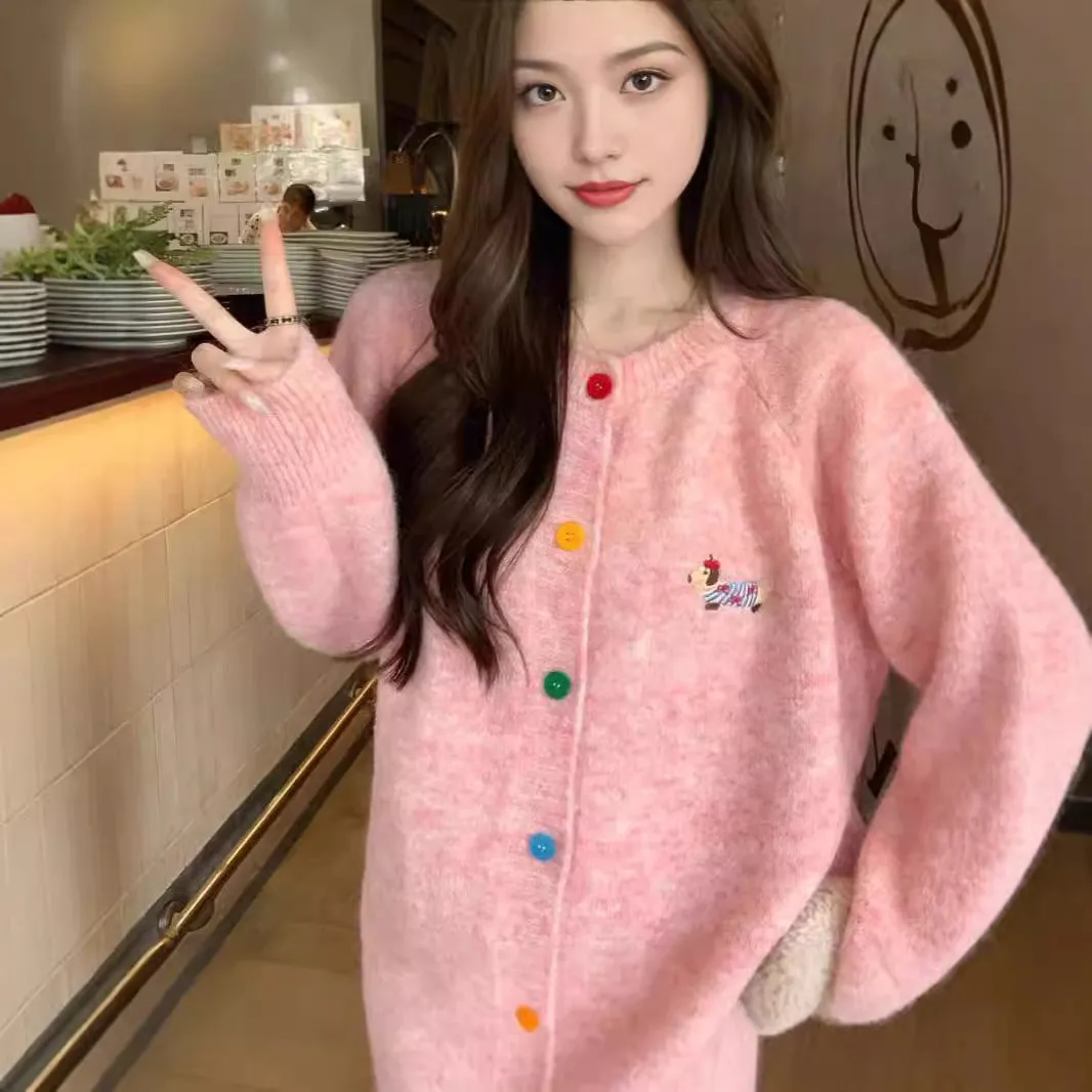 Wenkouban Fall street style Korean Style Top Sweet Colorful Buckle Puppy Embroidered Long-Sleeved Sweater Cardigan Women's 2024 Autumn