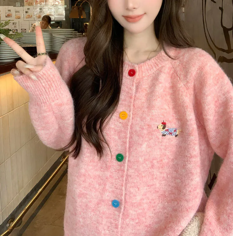 Wenkouban Fall street style Korean Style Top Sweet Colorful Buckle Puppy Embroidered Long-Sleeved Sweater Cardigan Women's 2024 Autumn