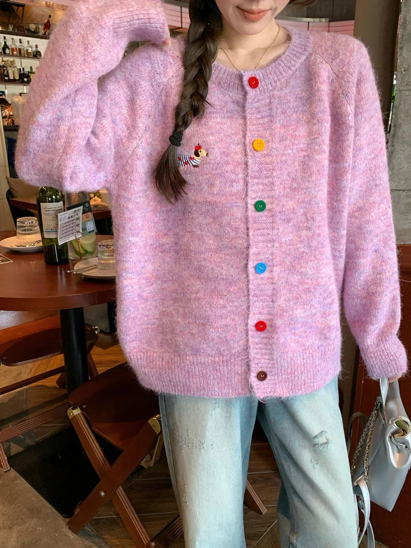 Wenkouban Fall street style Korean Style Top Sweet Colorful Buckle Puppy Embroidered Long-Sleeved Sweater Cardigan Women's 2024 Autumn