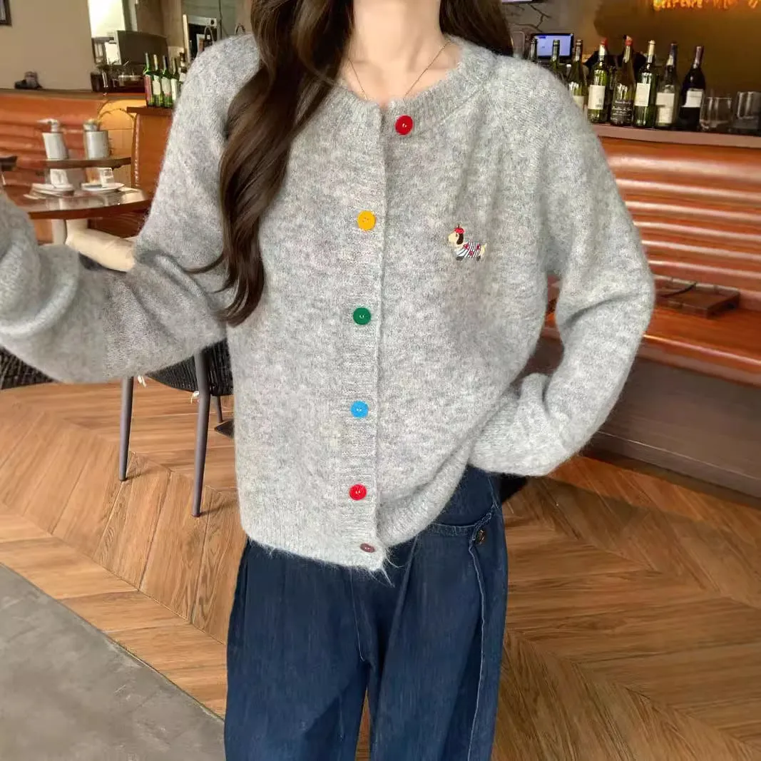 Wenkouban Fall street style Korean Style Top Sweet Colorful Buckle Puppy Embroidered Long-Sleeved Sweater Cardigan Women's 2024 Autumn