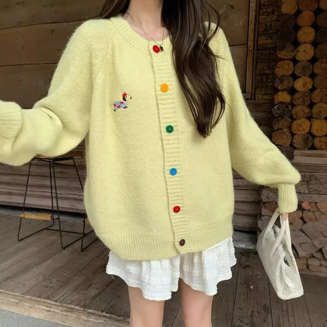 Wenkouban Fall street style Korean Style Top Sweet Colorful Buckle Puppy Embroidered Long-Sleeved Sweater Cardigan Women's 2024 Autumn