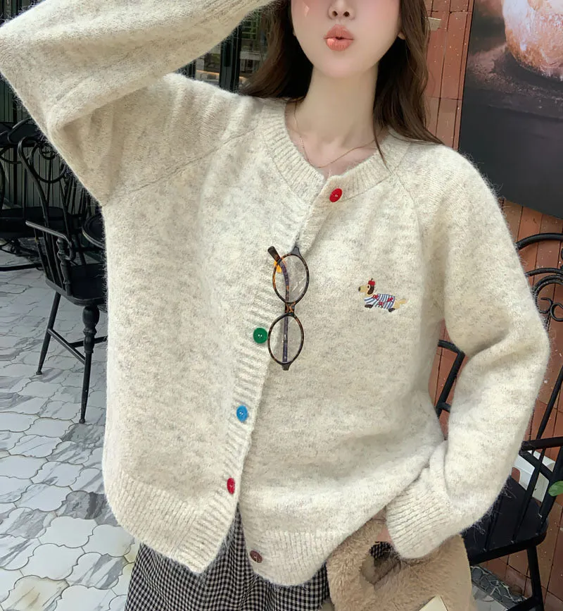 Wenkouban Fall street style Korean Style Top Sweet Colorful Buckle Puppy Embroidered Long-Sleeved Sweater Cardigan Women's 2024 Autumn