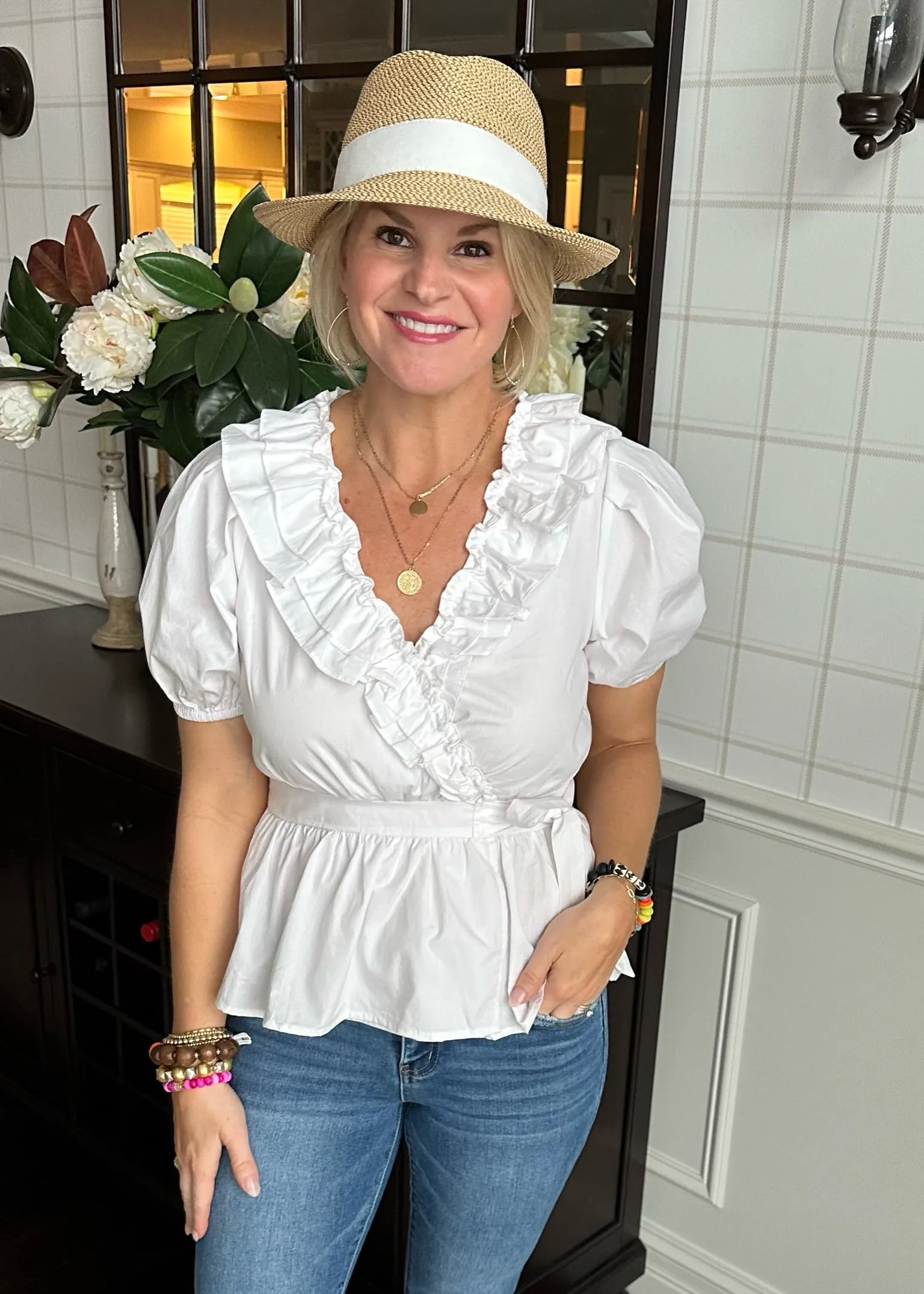 White Ruffle Faux Wrap Top