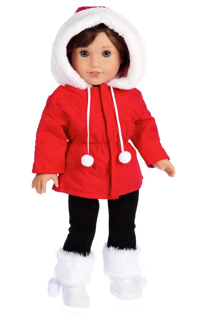 Winter Extravaganza - Clothes for 18 inch Doll - 3 Piece Outfit - Red Quilted Parka with Black Leggings and White Boots