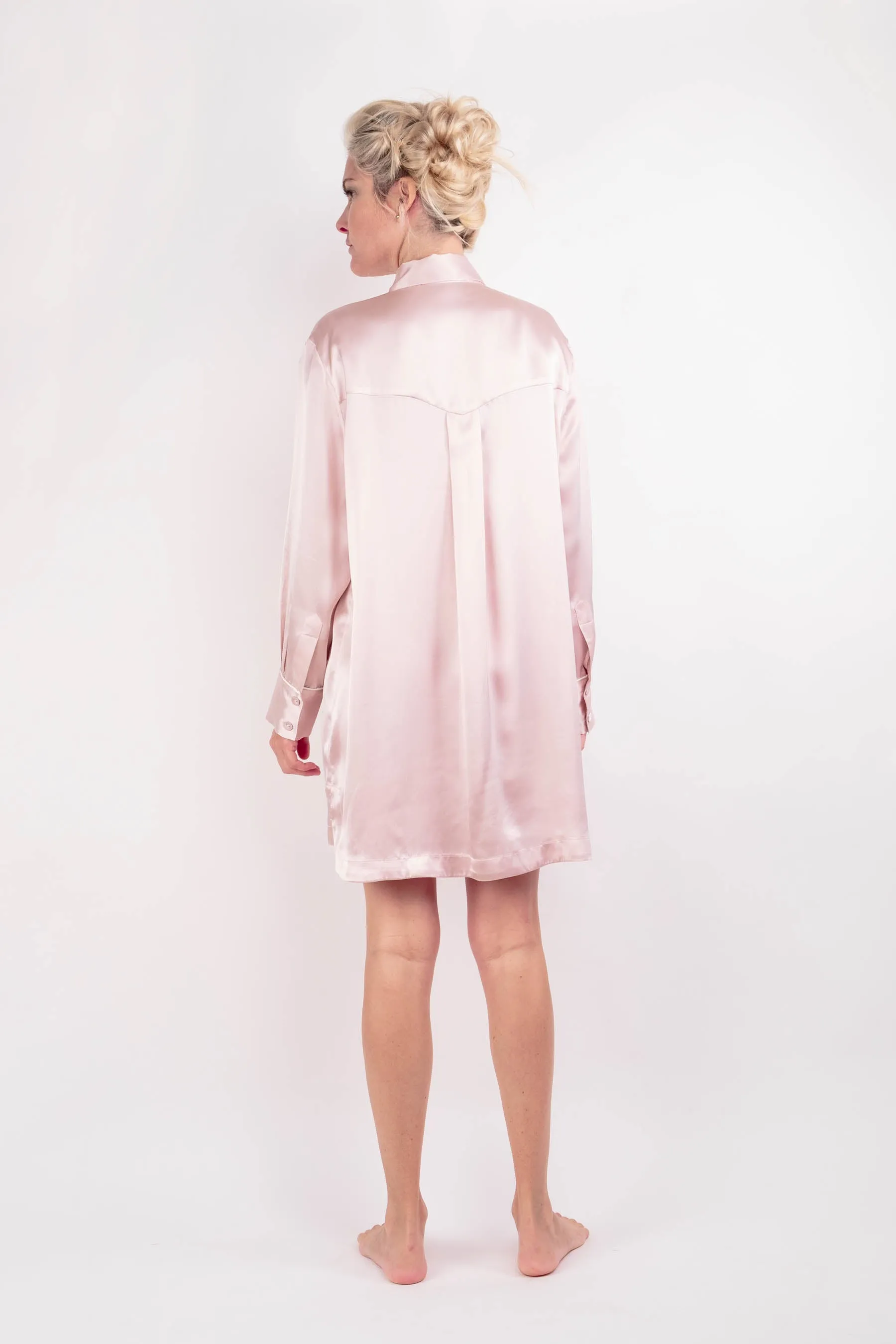 Women Classical Lightweight Mulberry Silk Sleep Shirt Loungewear Sleep Dress  - Pink