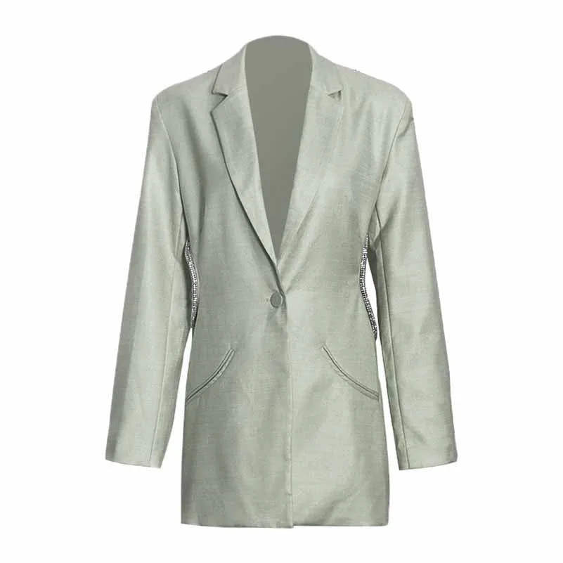 Women Deep-V One Button Blazer Clear Back Mid-Length Blazer