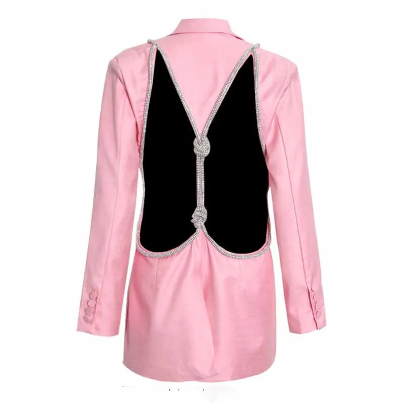 Women Deep-V One Button Blazer Clear Back Mid-Length Blazer