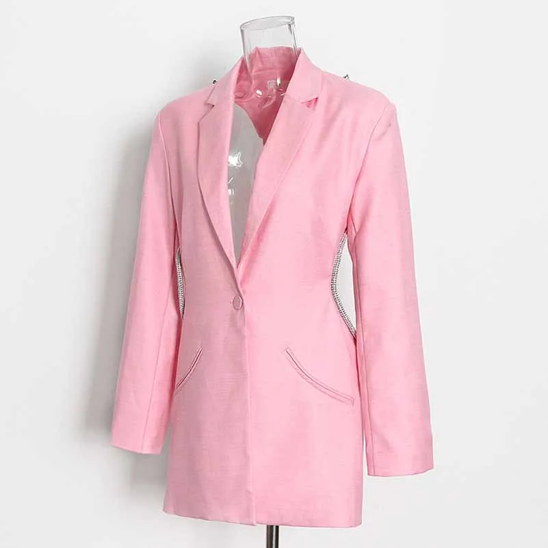 Women Deep-V One Button Blazer Clear Back Mid-Length Blazer