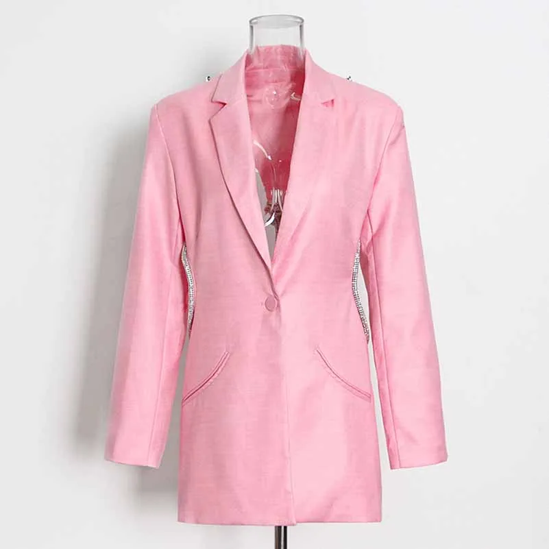 Women Deep-V One Button Blazer Clear Back Mid-Length Blazer