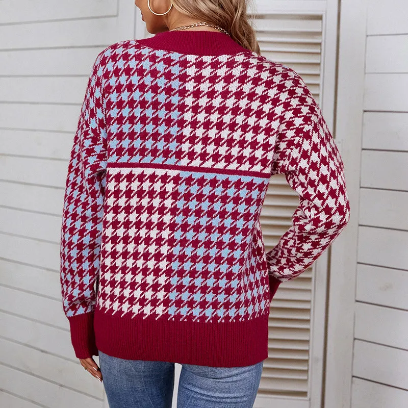 Women Sweaters Kniting Round Collar Pullover Bicolor Lattice Long Sleeve