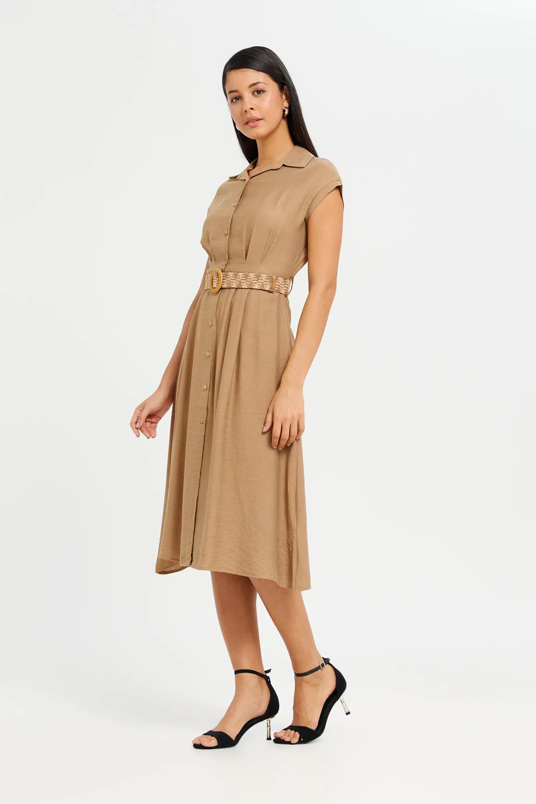 Women Tan Belted Shirt Dress