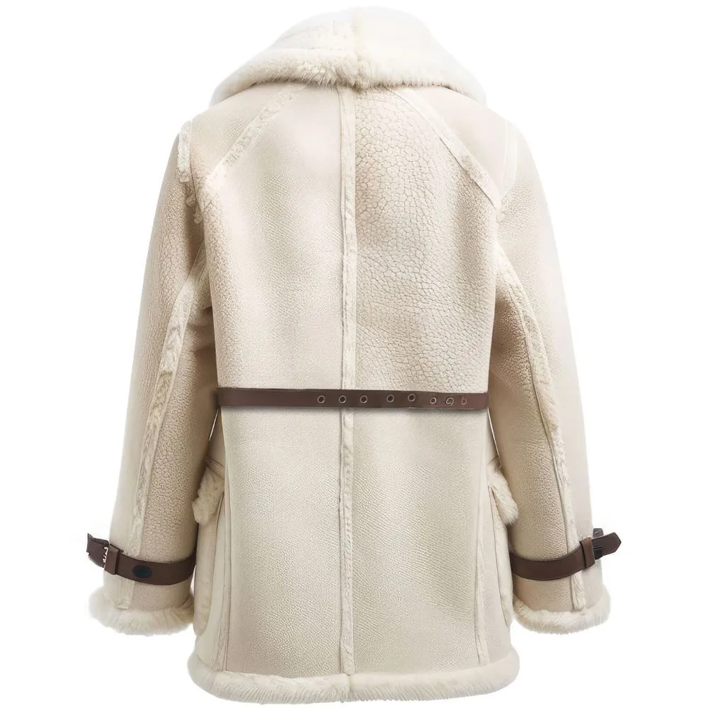 Women’s Genuine Beige Faux Fur Shearling Leather Belted Trench Coat