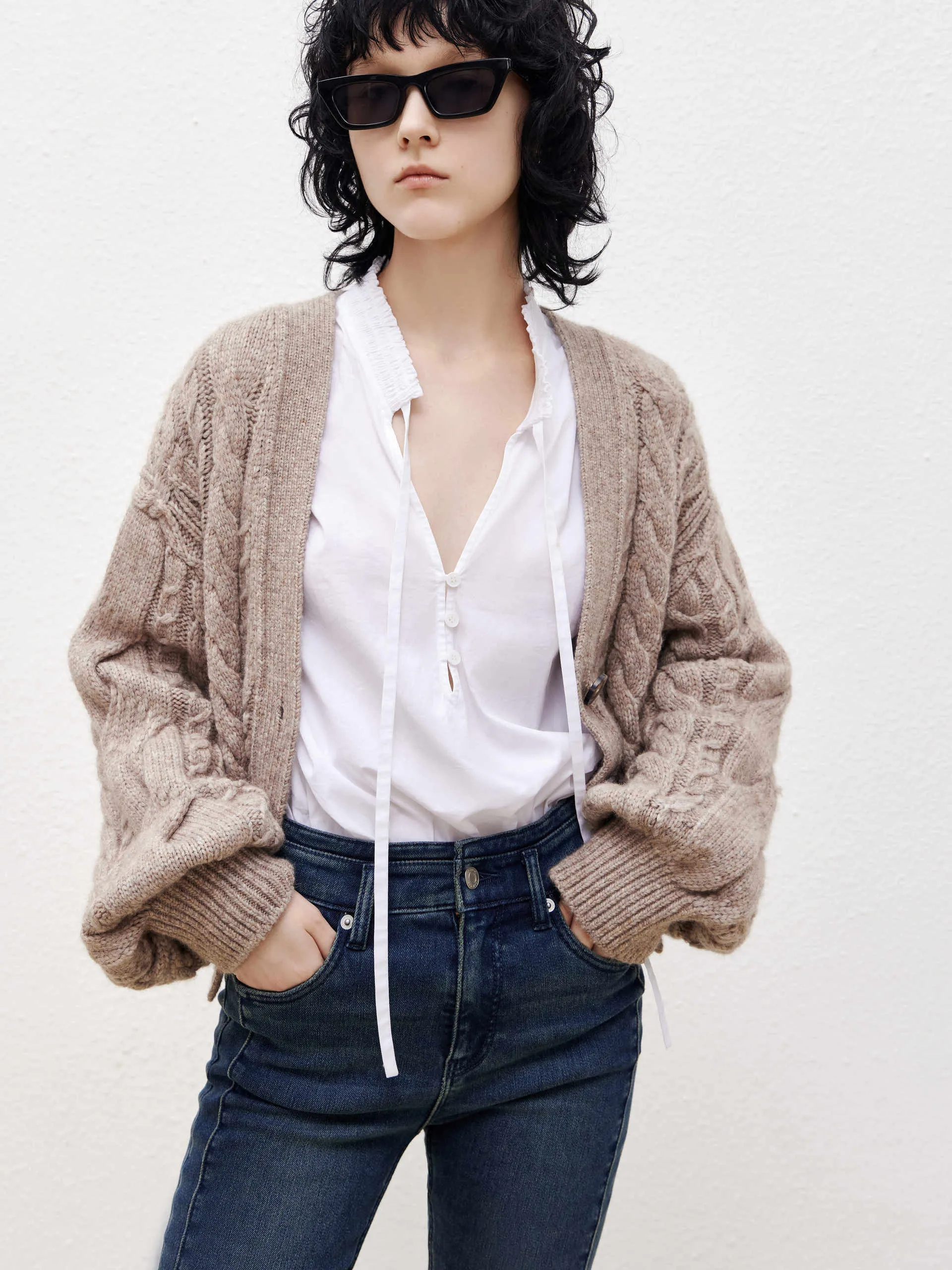 Wool Blend Cable Knit Cardigan