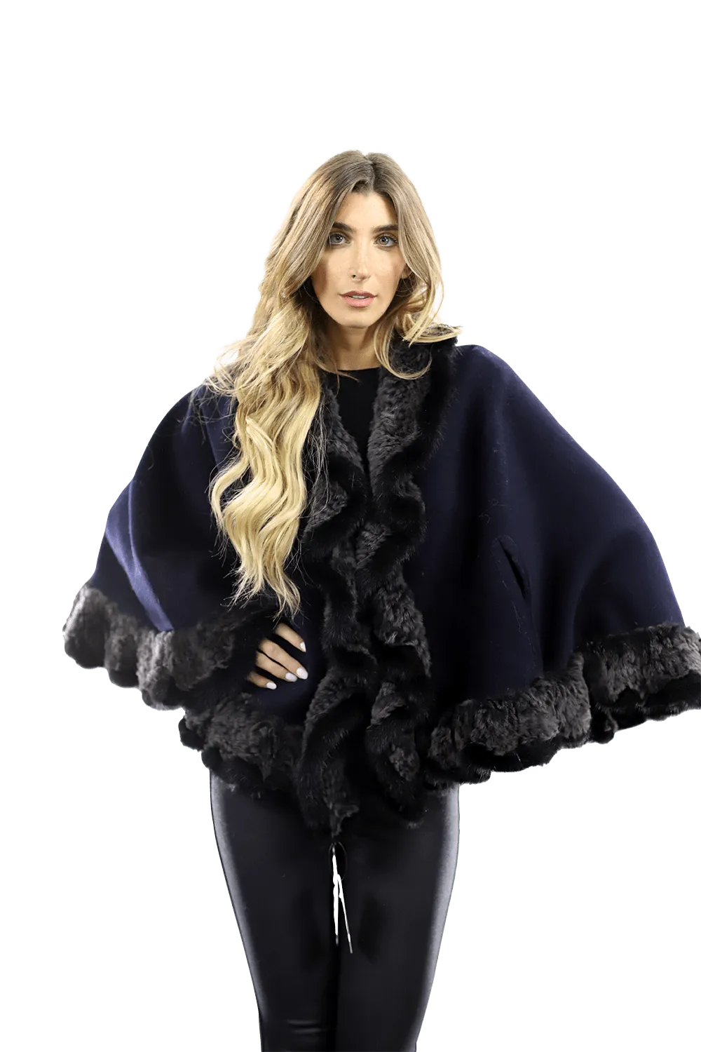 Wool Cape with Rex Rabbit and Mink Trim