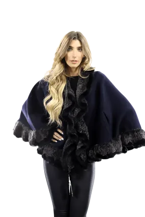 Wool Cape with Rex Rabbit and Mink Trim